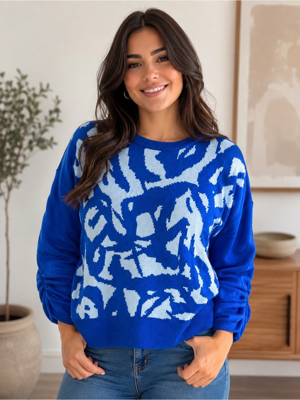 Victor Glemaud Patterned Blue & White Sweater 2XL NWT Ruched Sleeve Knit